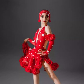 Girls kids red polka dot competition ballroom latin dance dresses salsa rumba chacha flamenco stage performance costumes for children
